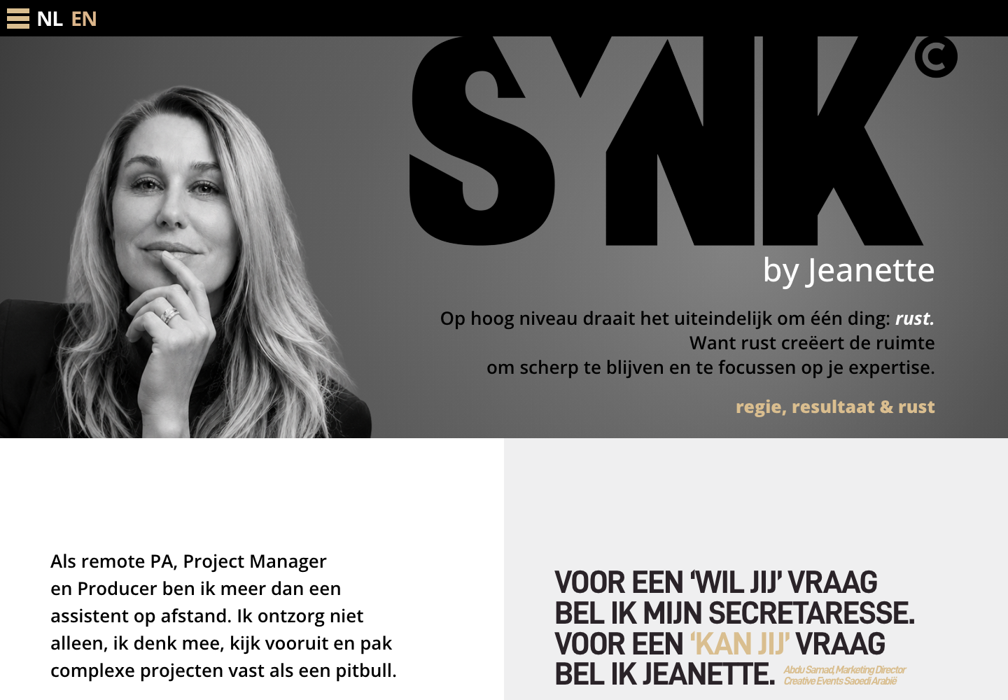 Screenshot van Synk by Jeanette, portret en grote SYNK-typografie