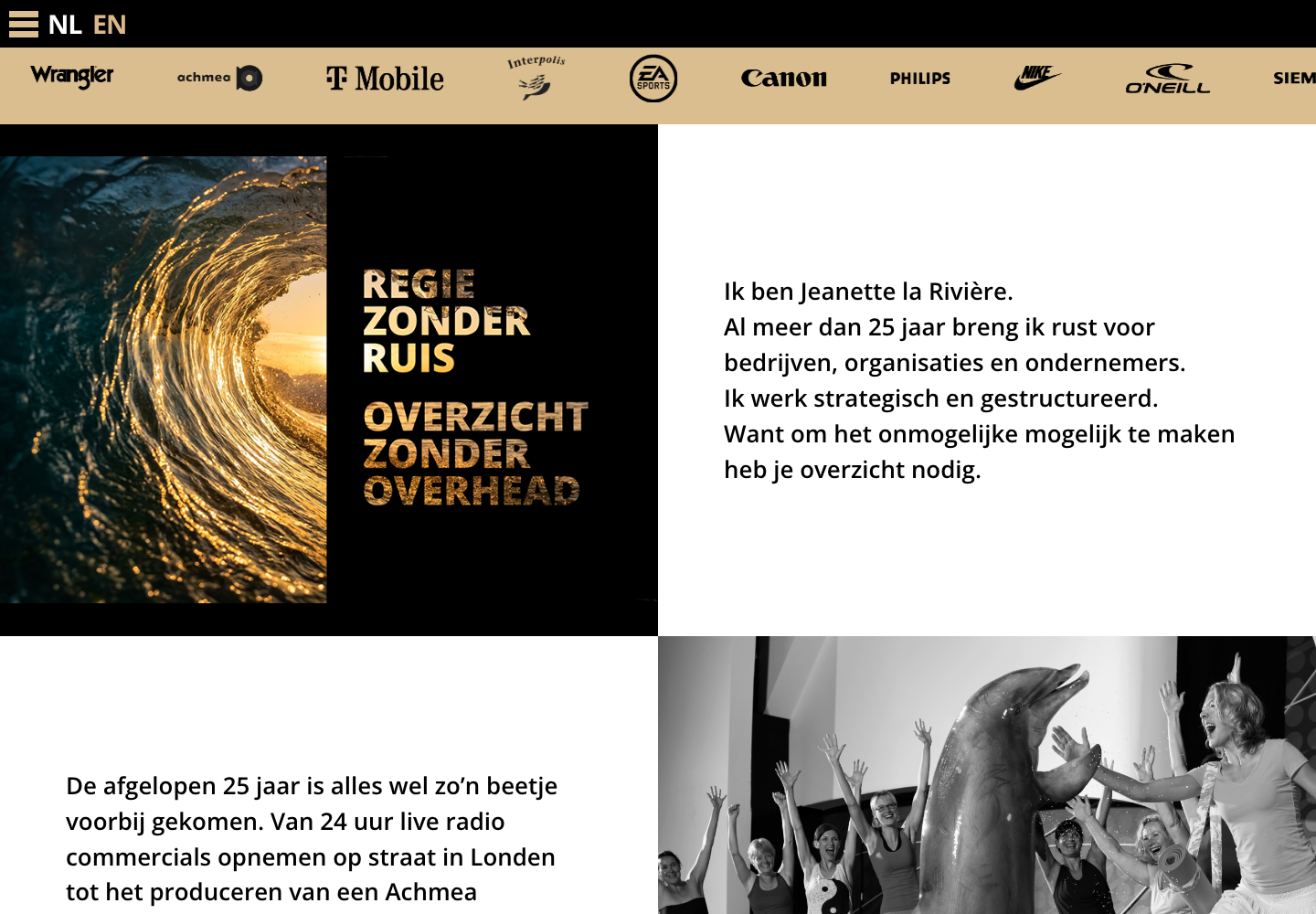Screenshot van Synk by Jeanette, goudkleurige golf en persoonlijke introductie